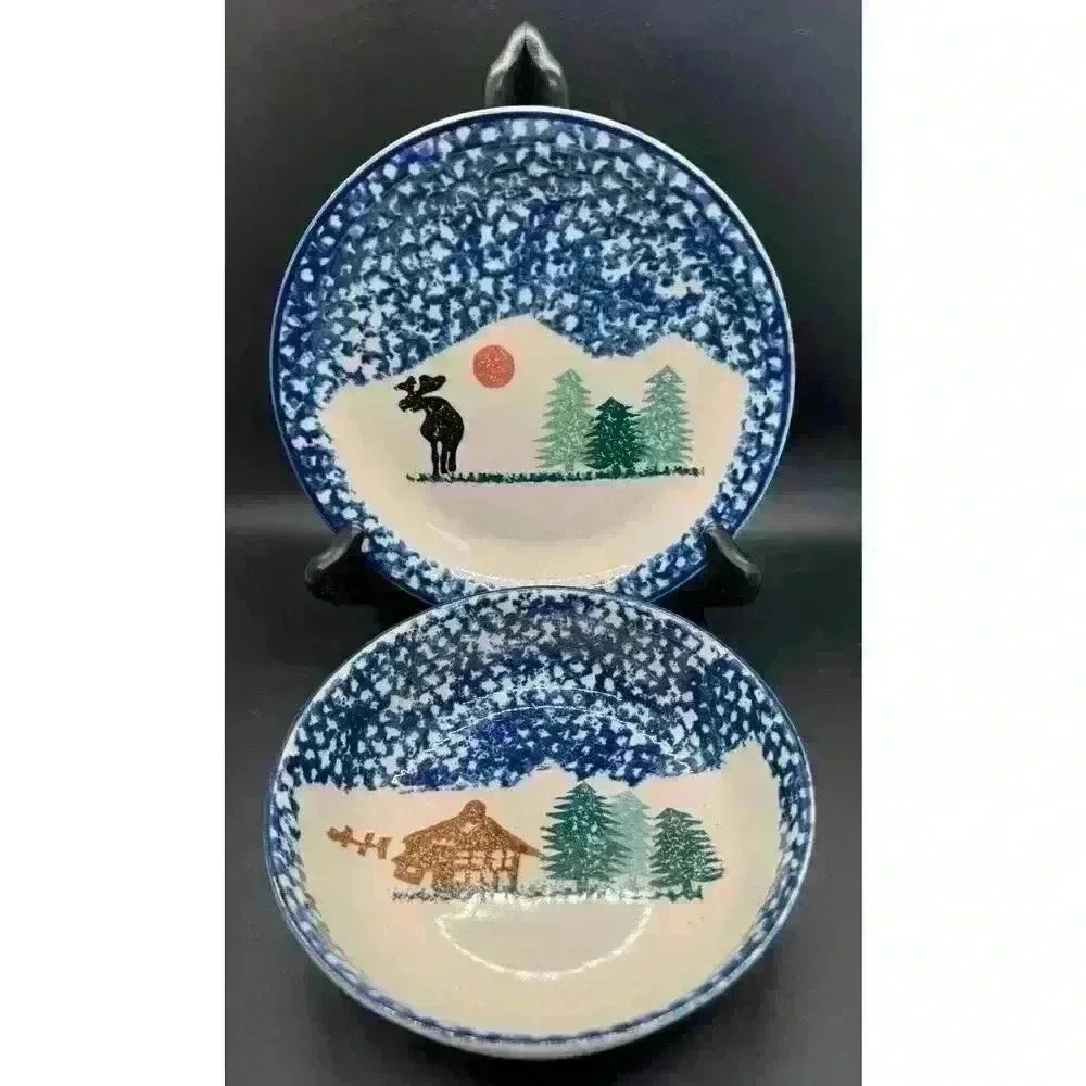 Thompson Pottery Hand Painted Moose Small Plate + Cereal Bowl Sponge Painting